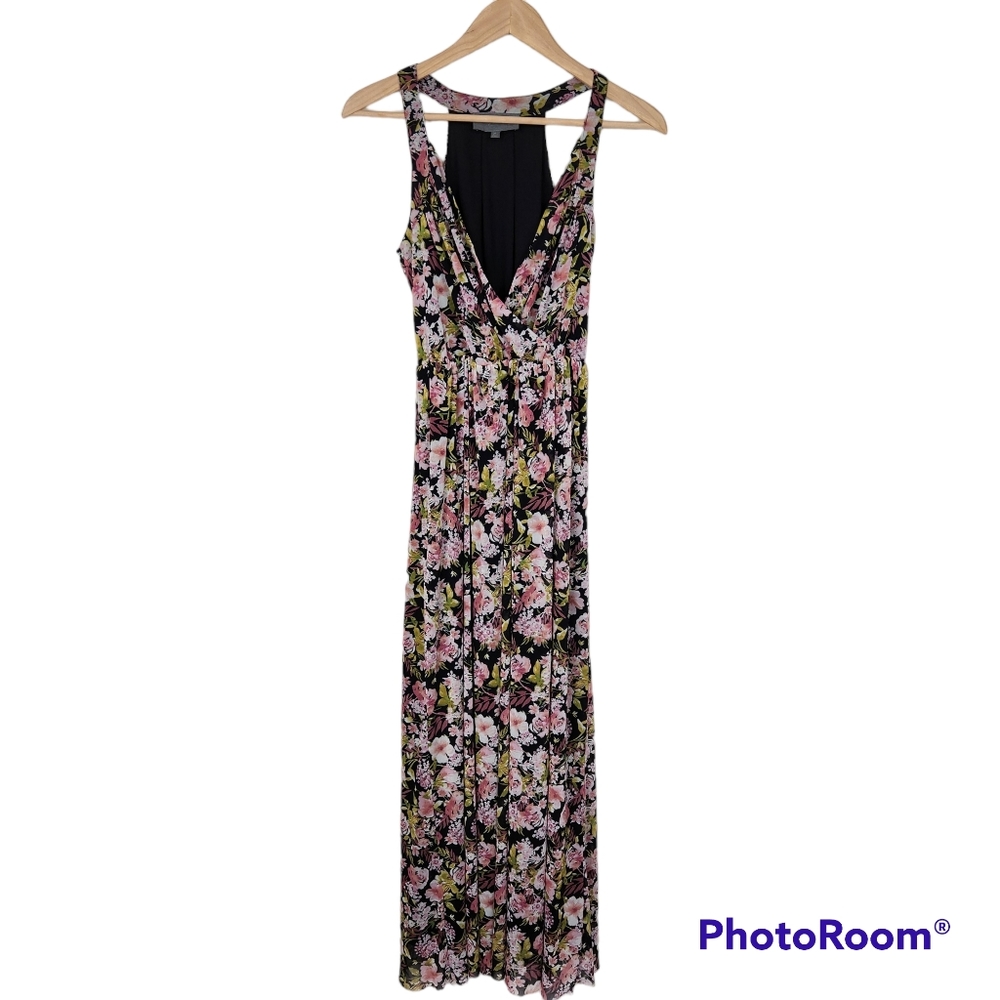 Sunday in Brooklyn Black Pink Floral V Neck Sleeveless Maxi Dress Sz XS